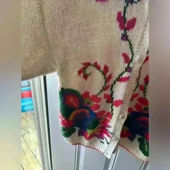 Vintage Cape Isle Knitters Floral Cardigan Sweater Handmade size m - Picture 2 of 7